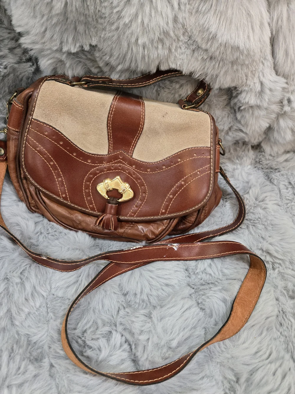 Two-Tone Brown Leather & Beige Canvas Crossbody Bag with Gold Hardware